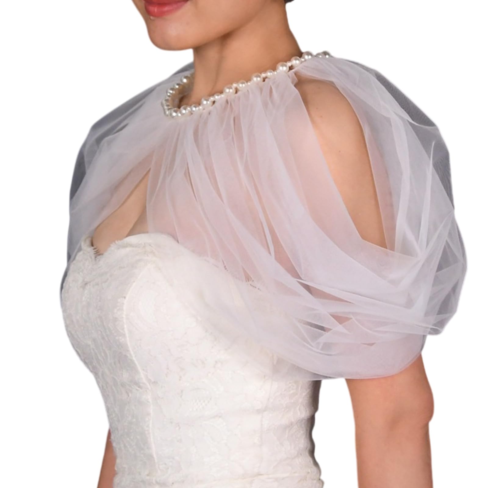 MOAIYU Elegant Pearls Capes Bride Tulle Shawl Halloween Capes Shawl Shoulder Jewelry Shoulder Covering Shoulder Jewelry