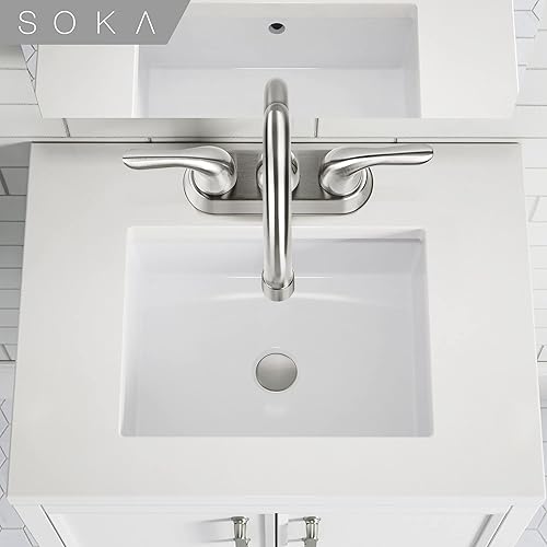 Miniatura 7 de SOKA SK18001NY - Grifo de lavabo central dos asas de arco alto 4 pulgadas con placa de cubierta y drenaje emergente instalación de 3 agujeros níquel