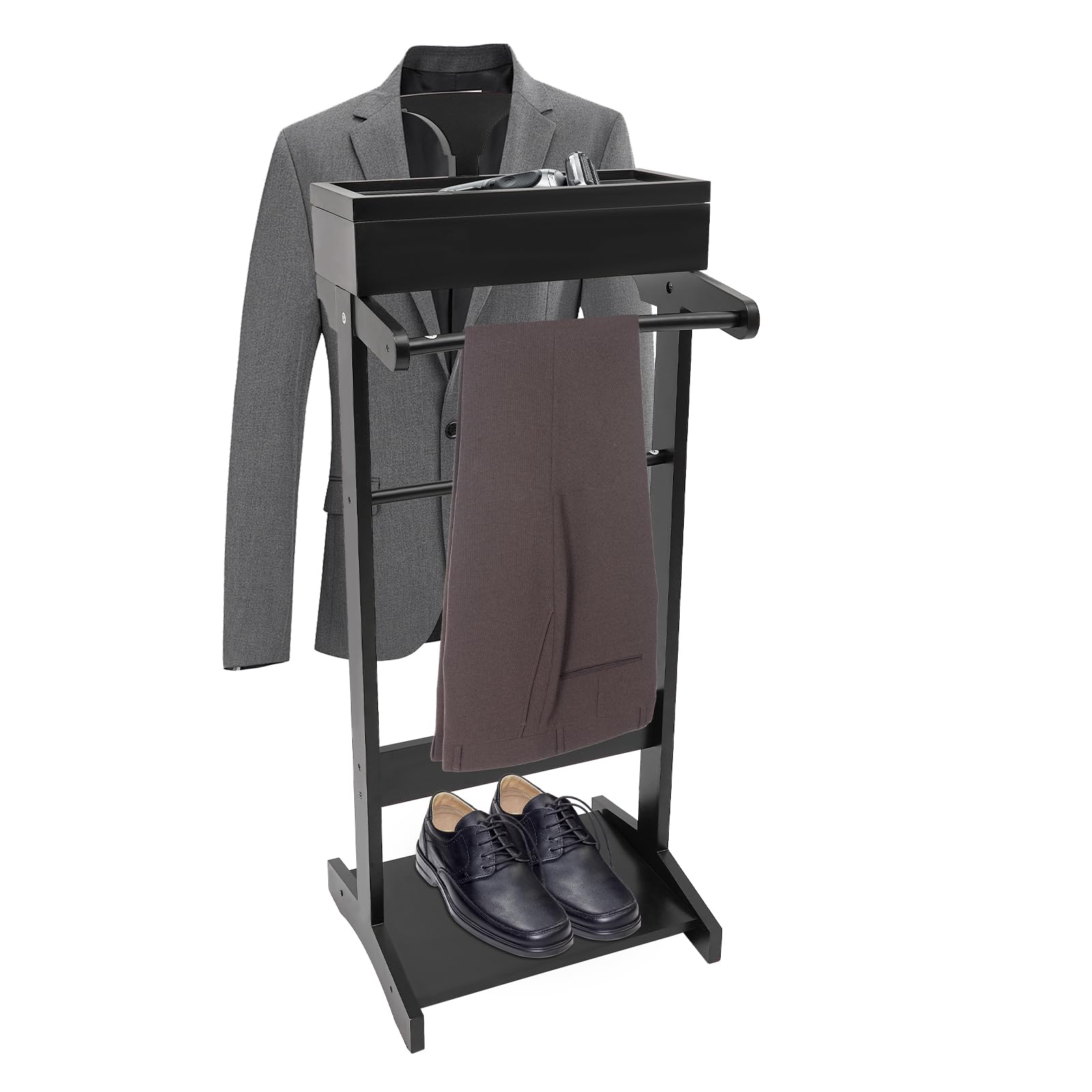 AYLYOTOY Wooden Suit Valet Stand with Hanger, Bottom Shoe Rack and Storage Organizer, Freestanding Mens Suit Stand, Freestanding Clothes Rack for Bedroom, Entryway, Office, Black
