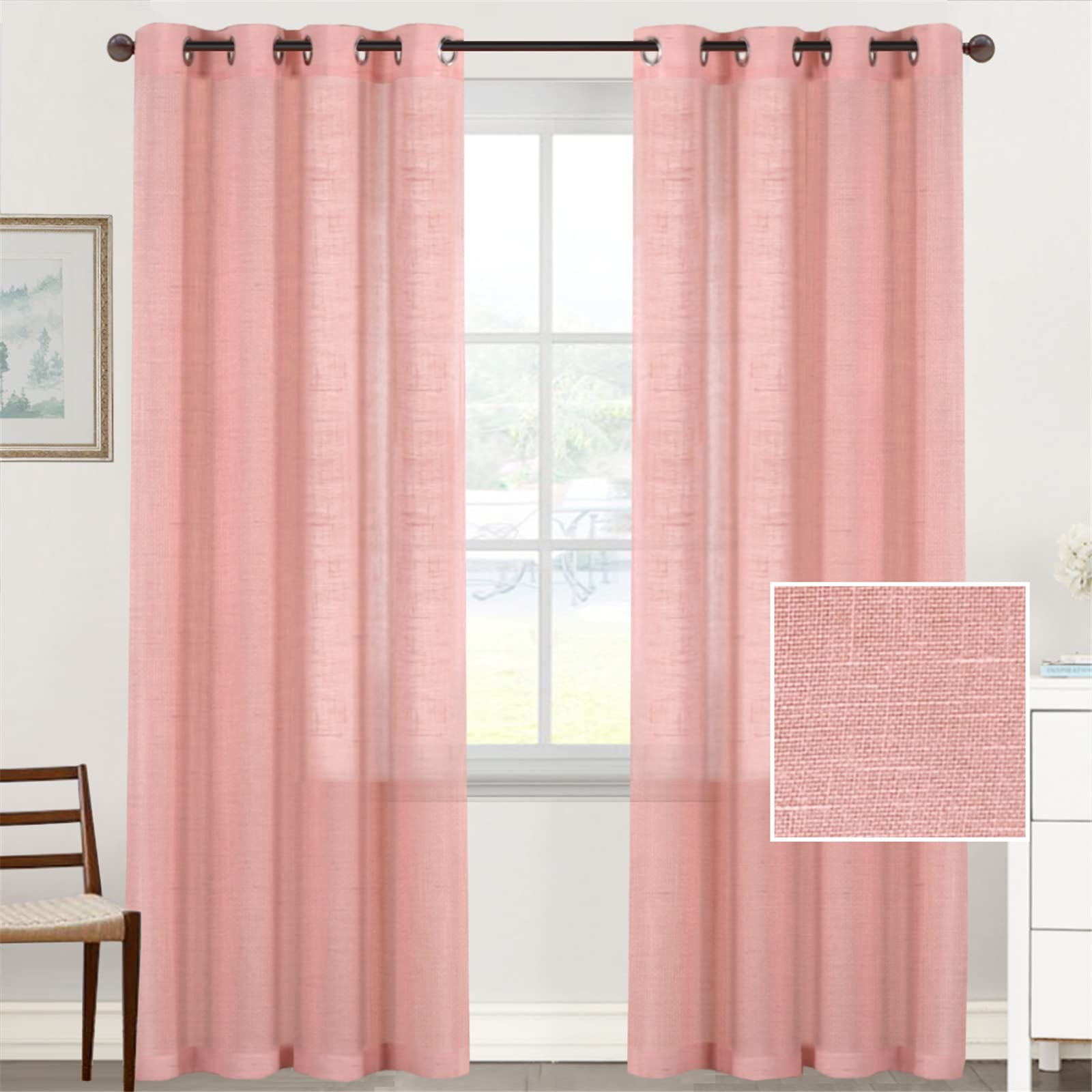 Hiseng Cortinas Translucidas 2 Piezas, Color Sólido Cortinas Salon Lino Dormitorio Cortinas Visillo con Ojalespara para Cocina Ventana Comedor Habitacion (132x241cm,Rosa)