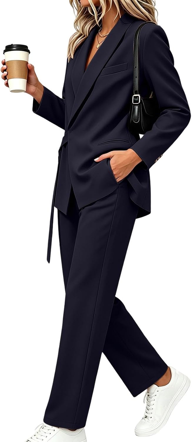 Oplxuo Women's 2 Piece Suits Business Casual Outfits Long Sleeve Tie Side Blazer Pantsuits Professional Office Work Sets