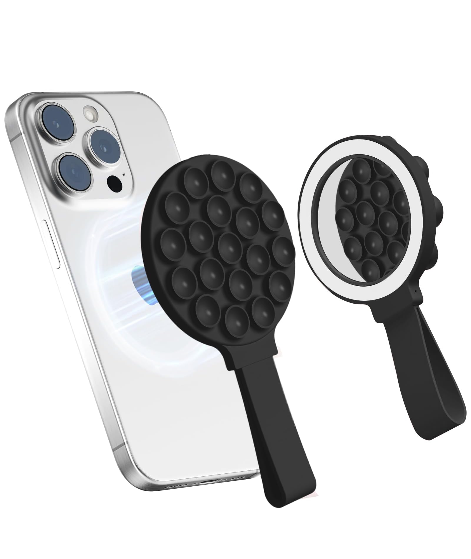 for magsafe silicone suction cup phone mount built-in mirror for iphone hands-free cell phone accessory holder for selfies & videos (black)