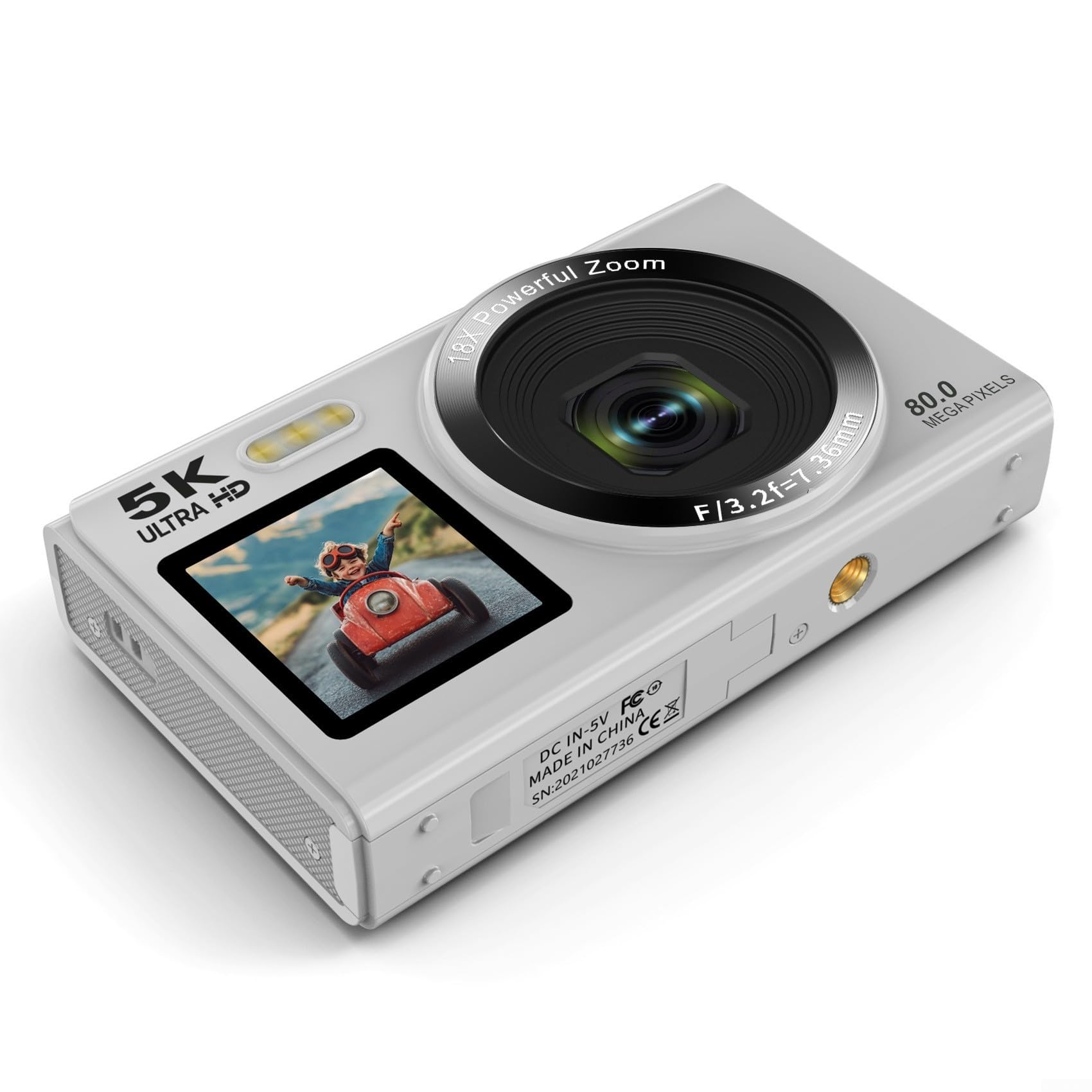 Fotocamera digitale 5k con doppio schermo per vlogging 80 mp foto video registratore zoom 18x Wifi portatile per videocamera per studenti viaggio bianco (bianco)