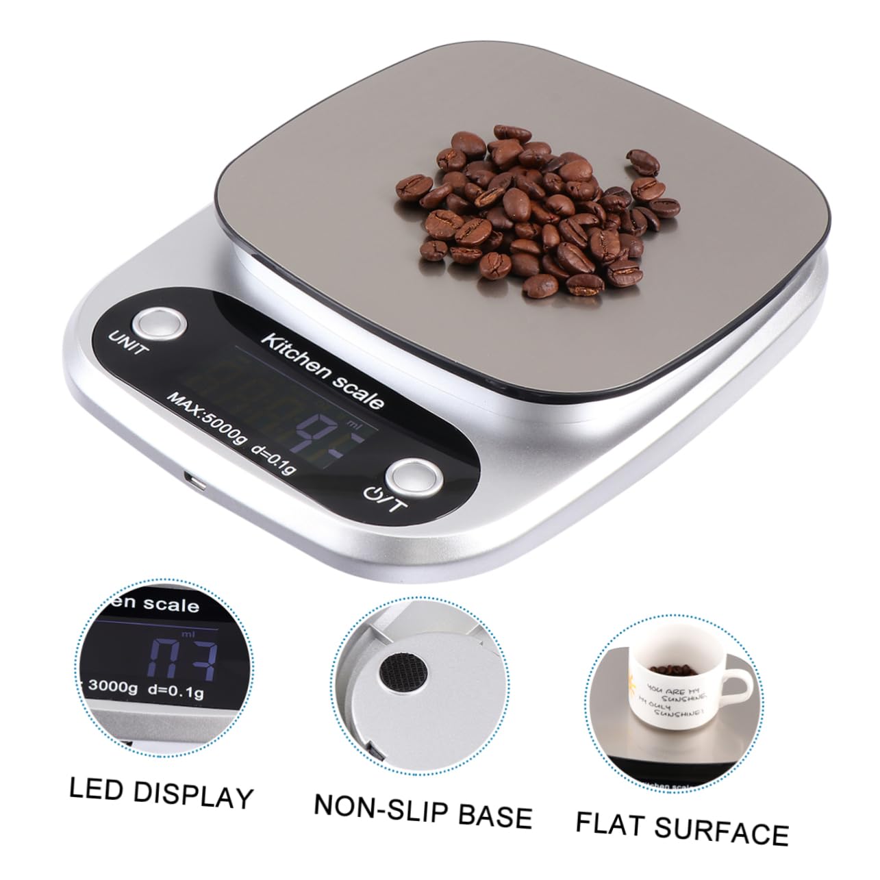 5kg Báscula Inoxidable Digital Acero Recargable de 0,1g Cocina