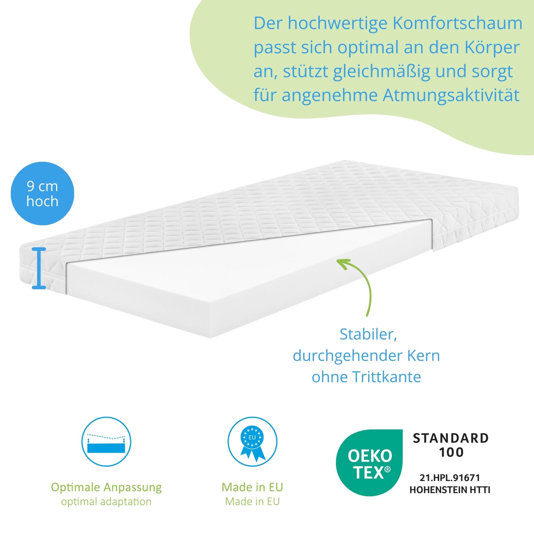 Bodyprotect Babymatratze 60x120 cm, Komfortschaum Kinder & Baby Matratze, Kindermatratze, Komfortschaummatratze 60 x 120 cm, Höhe ca. 9cm, Made in EU, Oeko-Tex, waschbar bis 95 Grad
