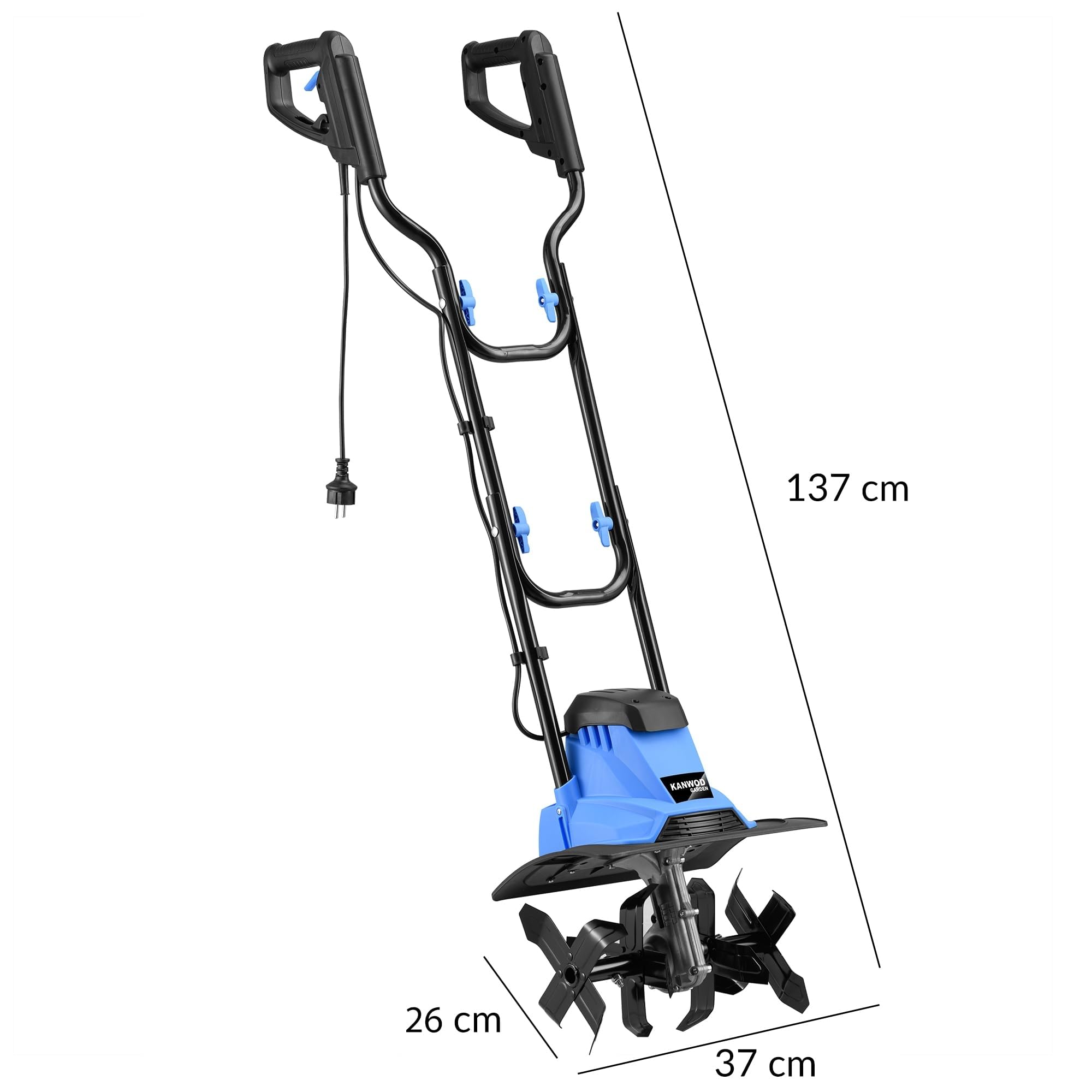 KANWOD Motobineuse Électrique, 1500 W, Largeur 36 cm & Profondeur 22 cm de Travail, Poignée Pliable, Lames Robustes à 4 Bras, pour Retourner et Aérer la Terre, Noir/Bleu