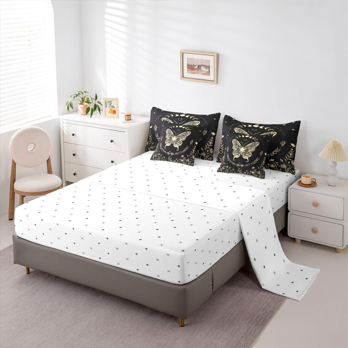 Feelyou Girls Butterfly Comforter Set Twin Size 7 Pieces Comforters Boho BohemianBedding Moon Floral Flower Bed Set Bed in a Bag with Comforter, Sheets, Pillowcases & Cushion Covers