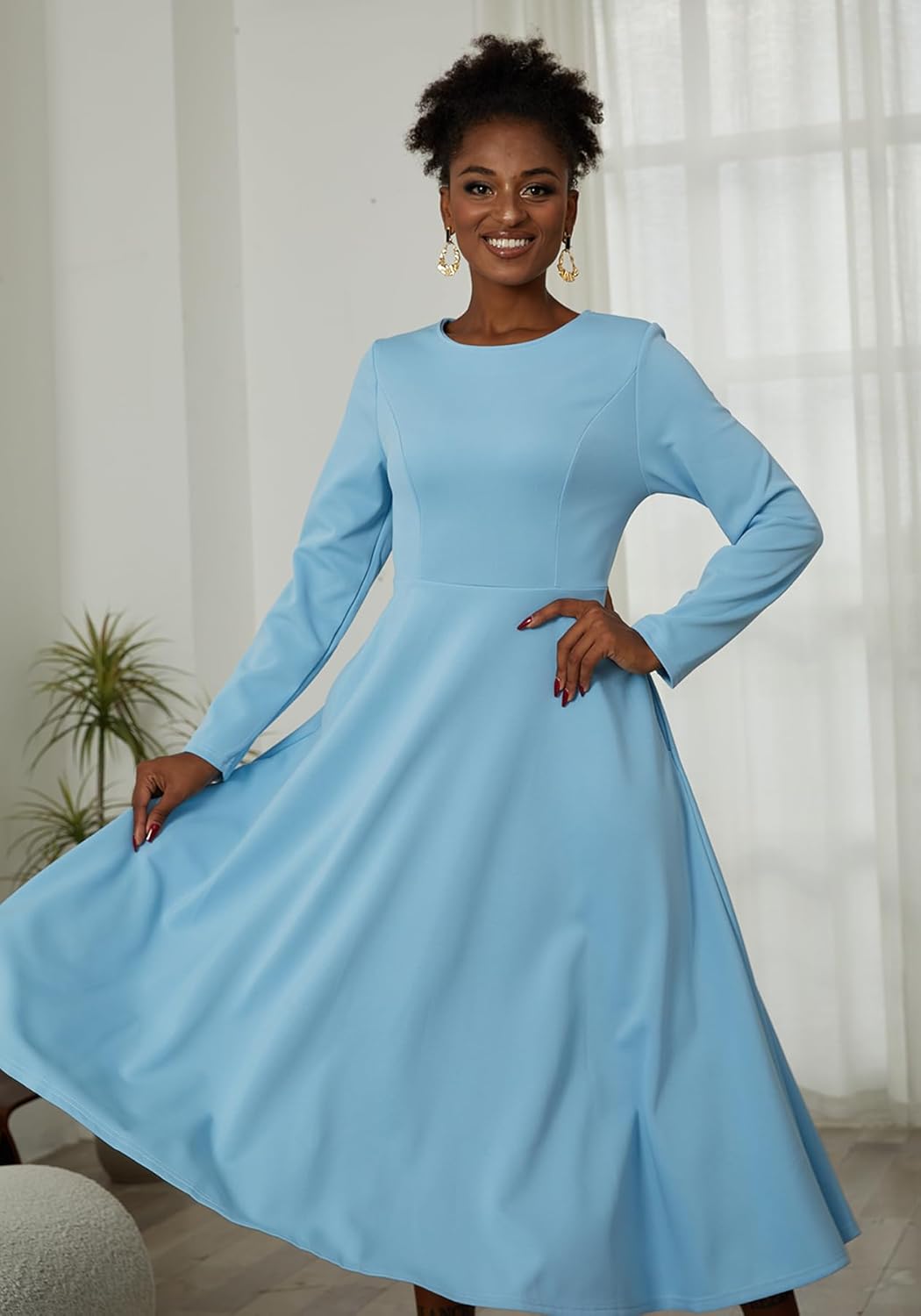 LAJIOJIO Women's Vintage Cocktail Dresses,Elegant Round Neck Long Sleeve Church Evening Dress with Pockets - Image 7