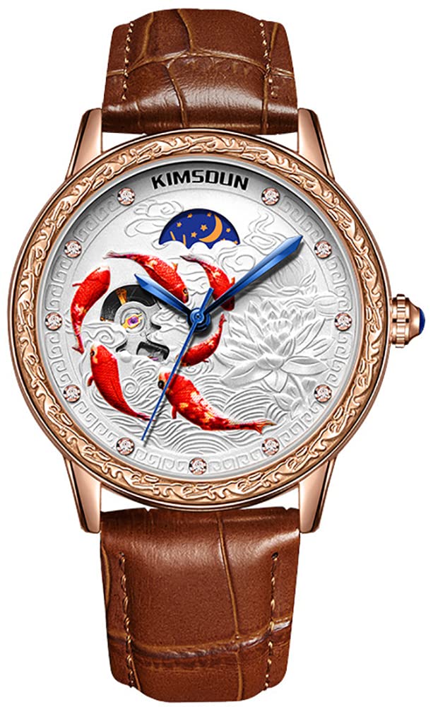 Gosasa Creative Men's Watch Koi Carved Automatic Mechanical Leather Strap Fashion Watch Moon Phase Star Diamond Waterproof Luxury Business Male Wristwatch