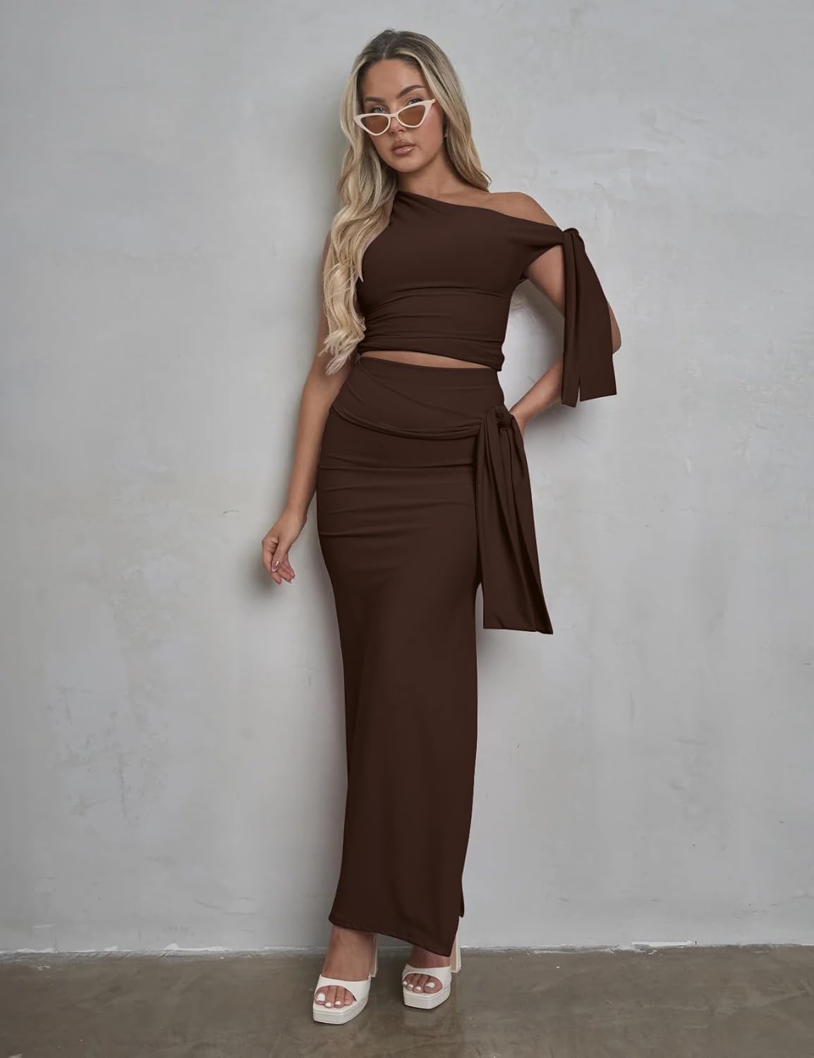 Two Piece Skirt Set for Women - Sexy 2 Pc Outfits Sleeveless One Shoulder Crop Top Maxi Long Bodycon Skirts Sets - Image 4