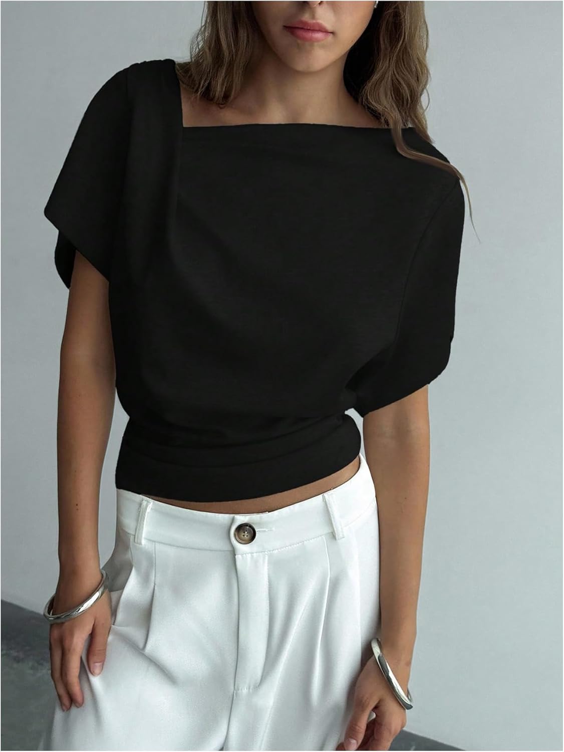 Women's Off Shoulder Crop Tops Y2k Ruched Cinched Waist T Shirts Dolman Sleeve Going Out Summer Top - Image 5