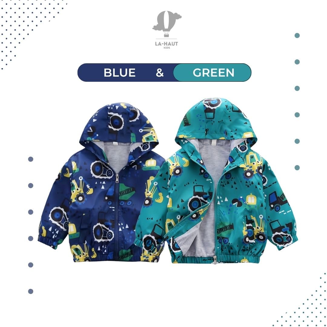 Giacca antivento autunno primavera con cappuccio ragazzo da 1 anno a 6 anni, giubbotto motivo attrezzi trattore, camion betoniera, bulldozer, cerniera lampo, fodera interna comfort