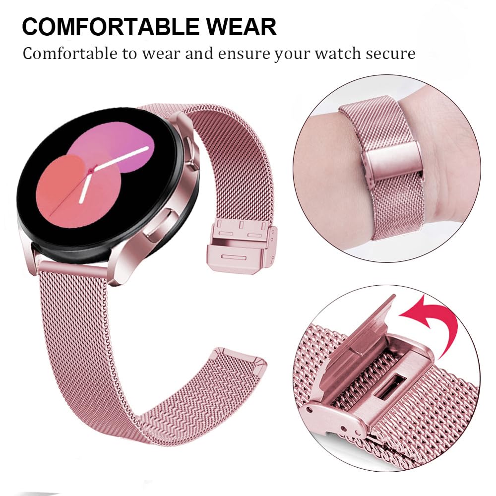 DEALELE Bands Compatible with Samsung Galaxy Watch 6/6 Classic / 5/5 Pro / 4/4 Classic/Galaxy 3 41mm / Active 2, 20mm Stainless Steel Metal Mesh Replacement Strap for Women Men (Rose pink)