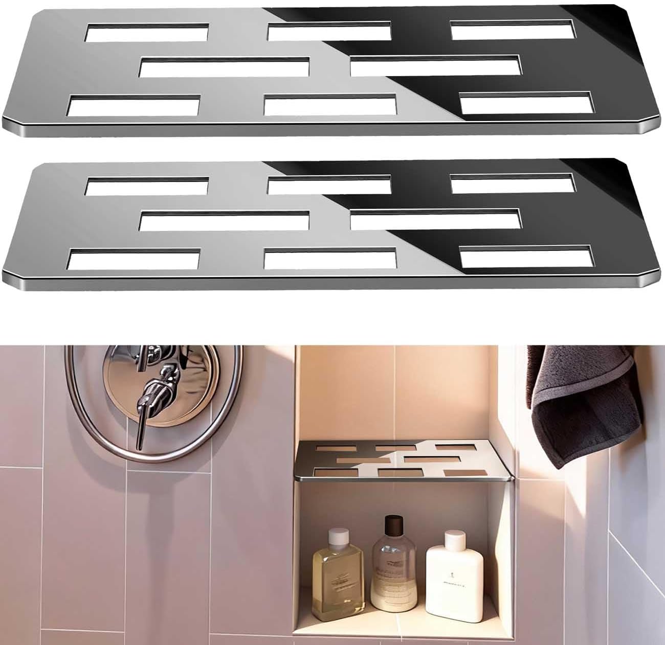 2 Pack Rectangular Shelf for 12 Inch Tile Prefabricated Niches, Shower Niche Shelf with Mirror Effect 316 Stainless Steel Finish, Fits 1/8 inch Grout Lines Shower Niche Insert