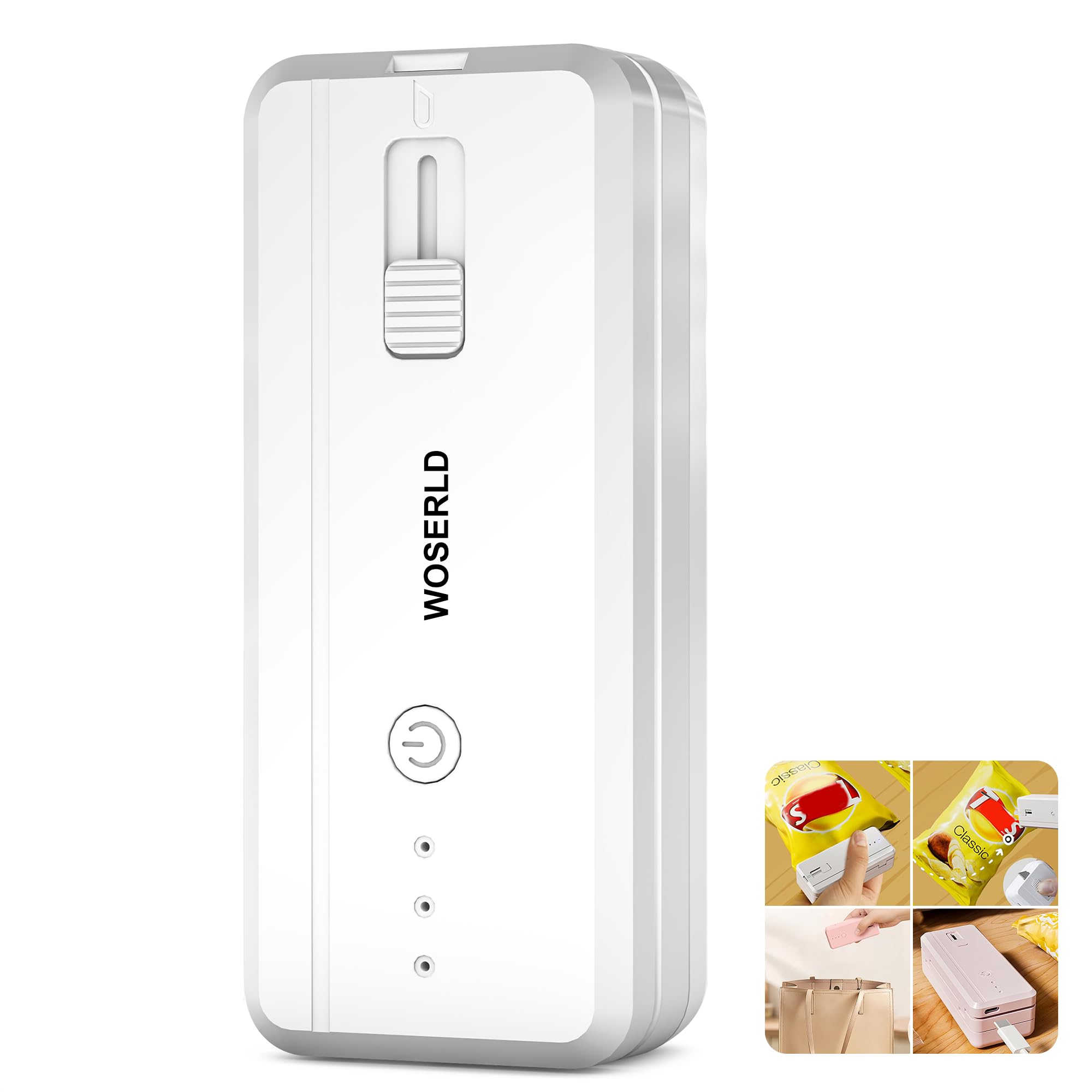 WOSERLD 2 in 1 Mini Bag Sealer and Cutter Heat Sealer Rechargeable Chip Bag Sealer machine sealer portable sealer with lithium 1300mAh battery kitchen food packaging seal Bag Sealer for Snacks(white)