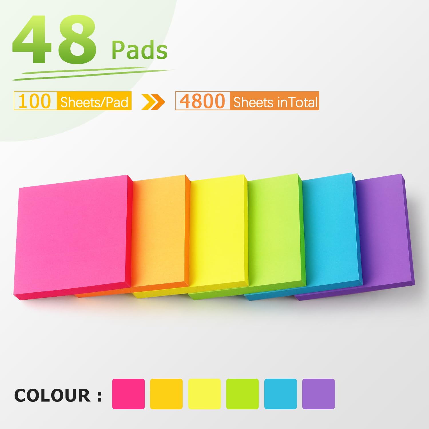 Sticky Notes 7,6 x 7,6 cm, colori vivaci, autoadesivi, 48 pastiglie/confezione da 90 fogli/Pad totale 4320 fogli