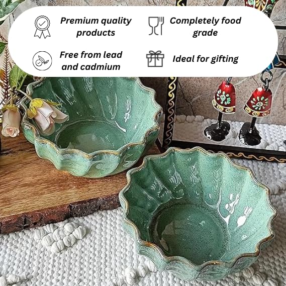 Image of Niyara Stoneware Handmade Ceramic Stylish Premium Bowls Serving Bowls Microwave Dishwasher Safe (Green Moraccan)