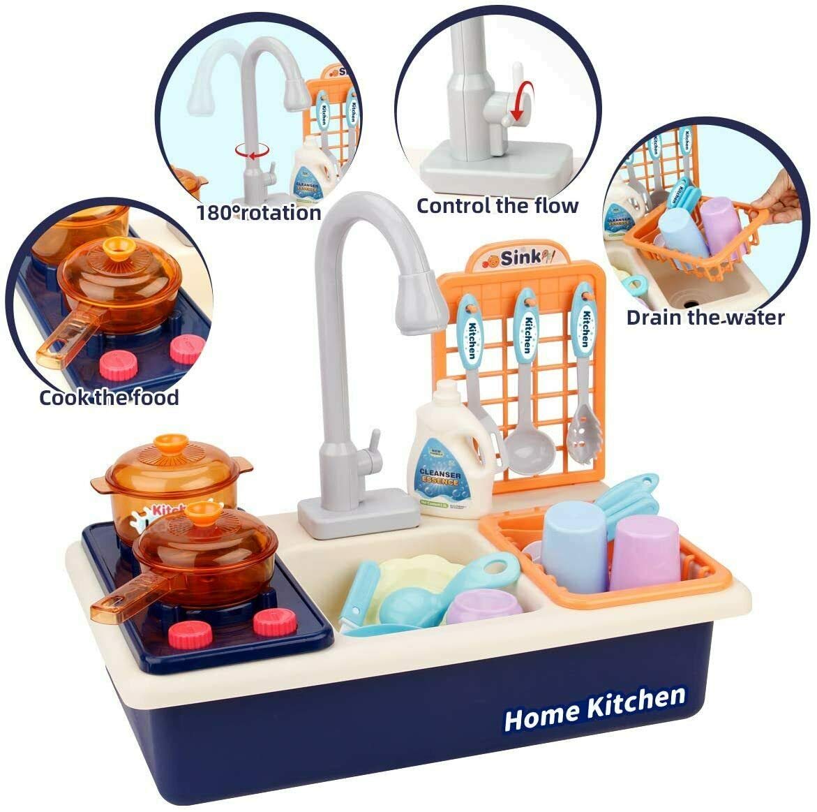 Ensemble de Jouets pour évier de Cuisine pour Enfants avec Eau Courante, 28pcs évier Lavage Faisant Semblant de Jeu de rôle casseroles en Plastique Alimentaire Mini Accessoire