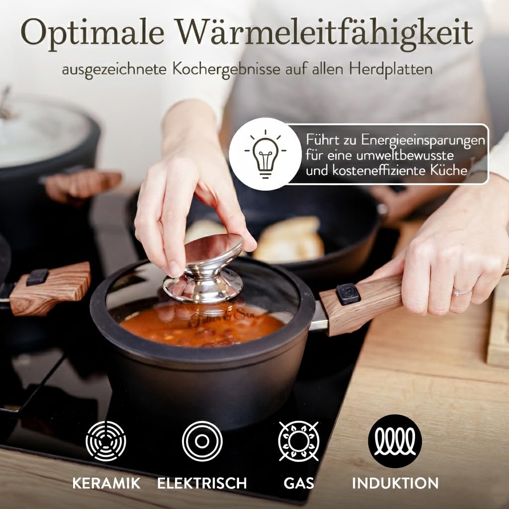 Topfset & Pfannenset Induktion [Antihaft Granit-Beschichtung] - Kochset mit abnehmbaren Griffen [Platzsparend & Backofenfest] - Beschichtete Töpfe und Pfannen Set [Spülmaschinenfest] - Ohne Einbrennen