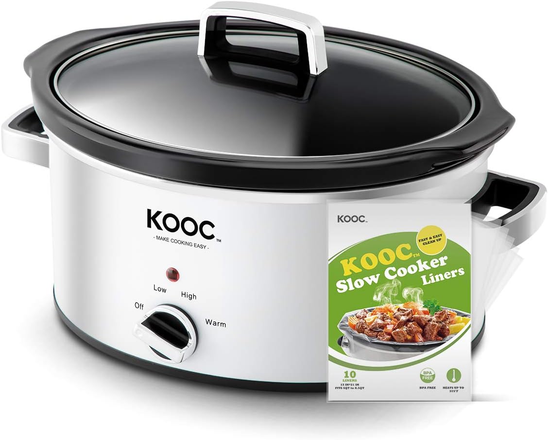 [NEW] KOOC Slow Cooker, 5-Quart, Larger than 4 Quart, Free Liners Included for Easy Clean-up, Upgraded Ceramic Pot, Adjustable Temp, Nutrient Loss Reduction, Stainless Steel, White, Oval: Kitchen & Dining