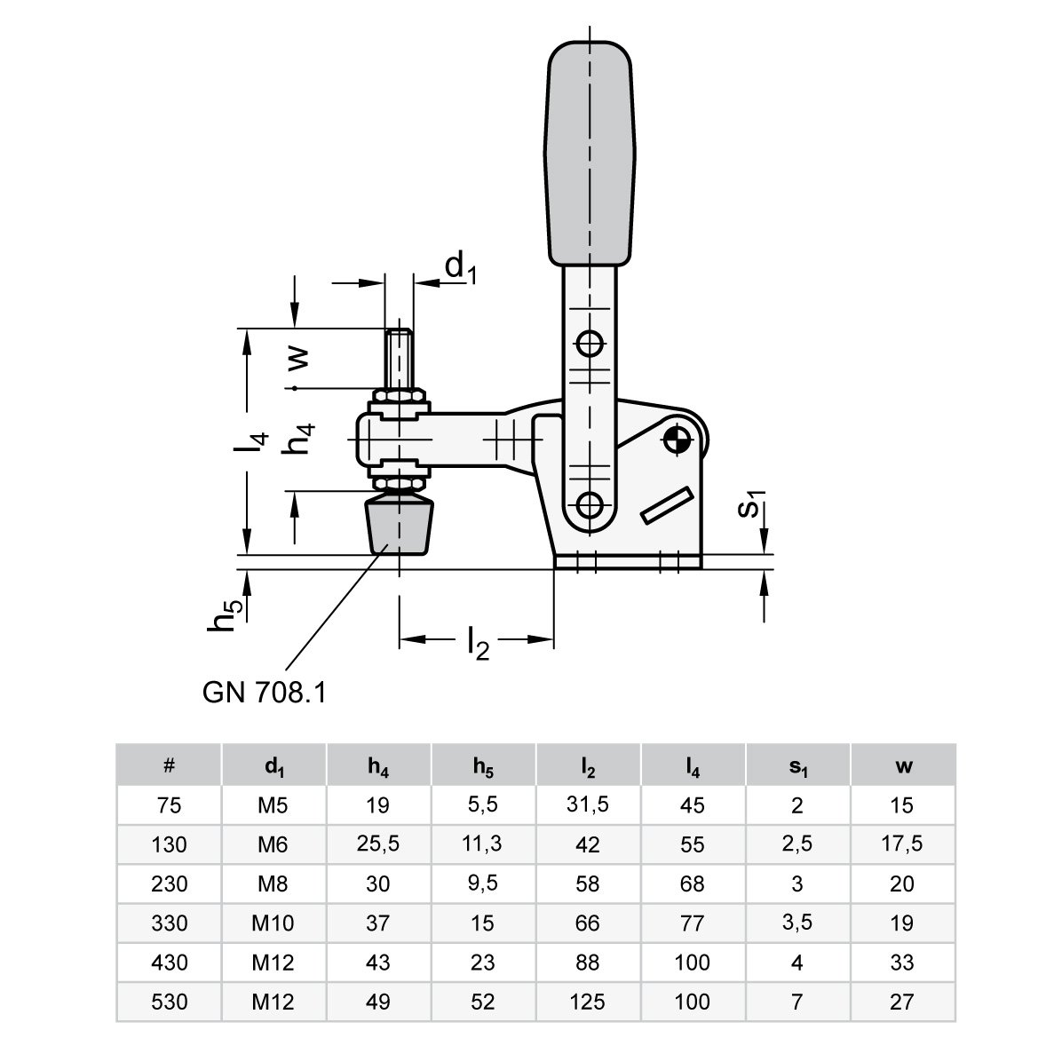 Ganter Normelemente GN 810-75-C abrazadera vertical con báscula auténtica Soporte, 1 pieza, galvanizado, Azul pasivado