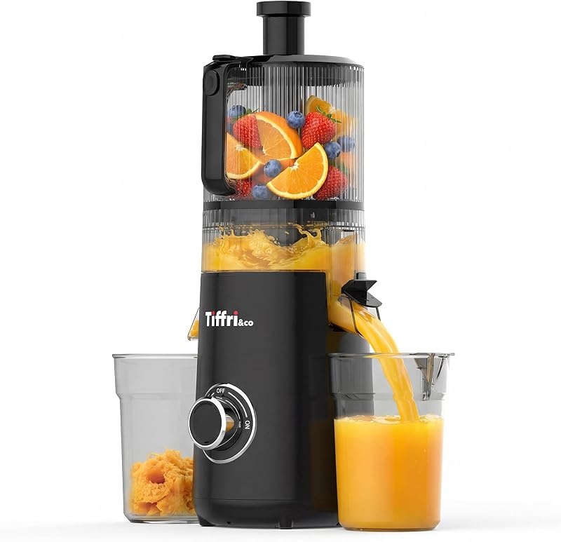 Tiffri&Co 3-in-1 Cold Press Juicer, 6" Wide Chute Masticating Juicer | Extra Large Self-Feeding Chute, Quiet & Powerful Motor, 95% Juice Yield, Easy to Clean, Makes Juice, Nut Milk & Sorbet