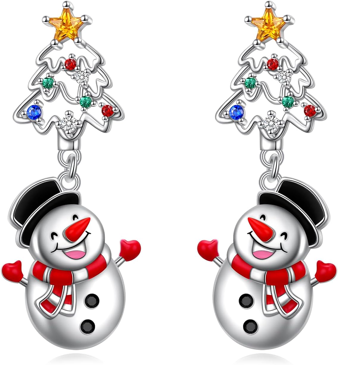 S925 Sterling Silver Christmas Tree Snowman Earrings Winter Xmas Dangle Drop Earrings Colorful Jewelry Holiday Birthday Christmas Thanksgiving Gift