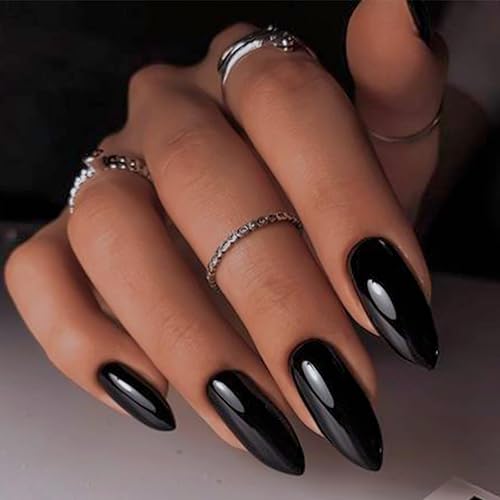 Black Fake Nails Medium Press on Nails Almond Glossy Acrylic Glue on Nails Full Cover Artificial False Nails for Women and Girls - (color: Colorful-027)