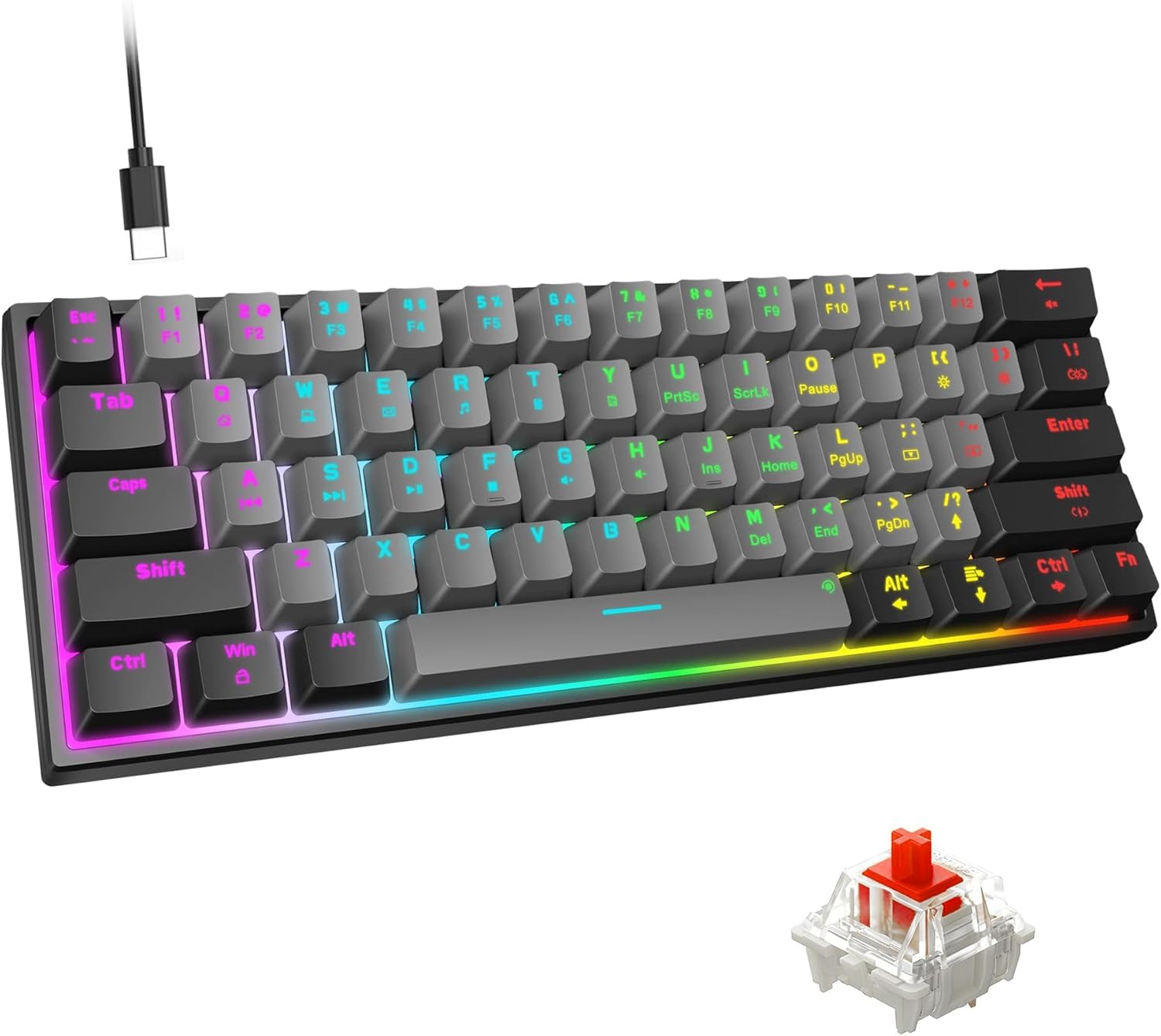 Snpurdiri Bedraad mechanisch gamingtoetsenbord, 60% grootte, 61 toetsen, RGB -achtergrondverlichting, ultracompact, blauwe toetsen, twee pootjes, zwart