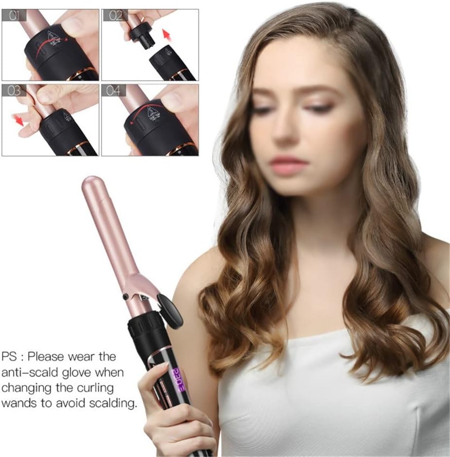 5 in 1 Ceramic Hair Curler Curling Iron Wand Roller Set Interchangeable Barrels Curls Wave + Heat Resistant Glove Styling Tool
