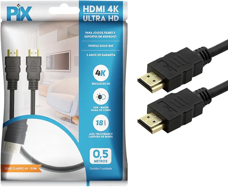 PIX Cabo Hdmi 2.0 4K Hdr 19P 0.5M Pix Gold, Preto