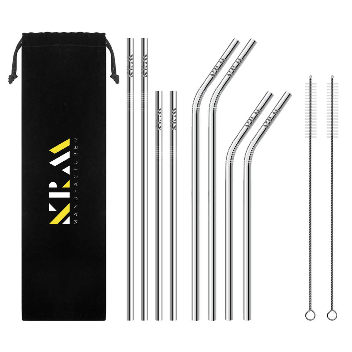 KRM Set of 8 Reusable Stainless Steel Straws in Silver with black pouch for 30oz 20oz Tumblers Cups Mugs, Genuine 18/8 stainless steel, Eco Friendly' with 2 cleaning brushes