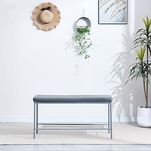 Banco de comedor, banco moderno de cocina y comedor, asiento de piel sintética con patas de metal (gris pizarra, 35.4 x 13.7 x 18.1 pulgadas)