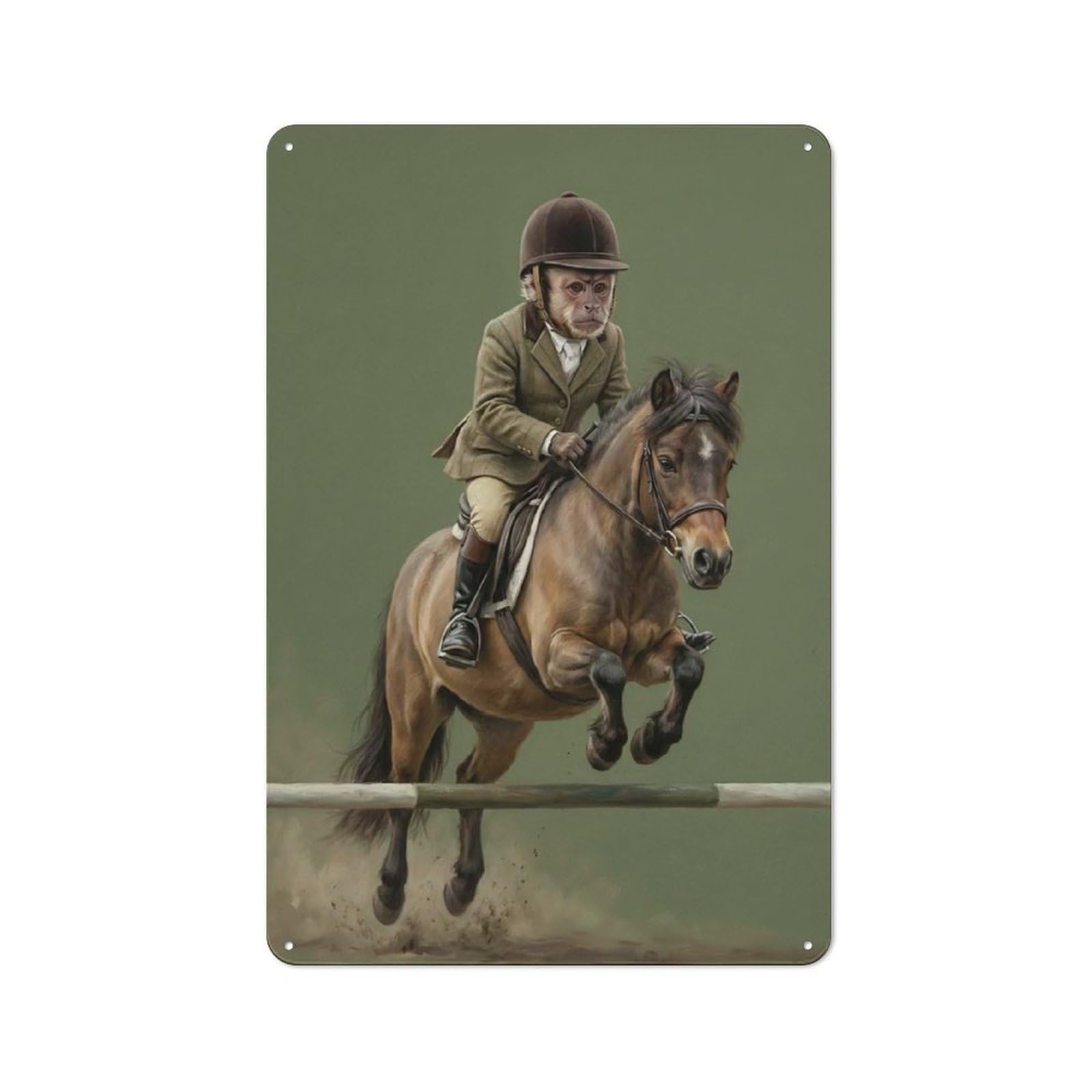Tin Wall Plaque 30x20cm with Monkey Rider Jumps Horse for Garage Or Workshop, for An Autumn Wall Display in Garage And Workshop