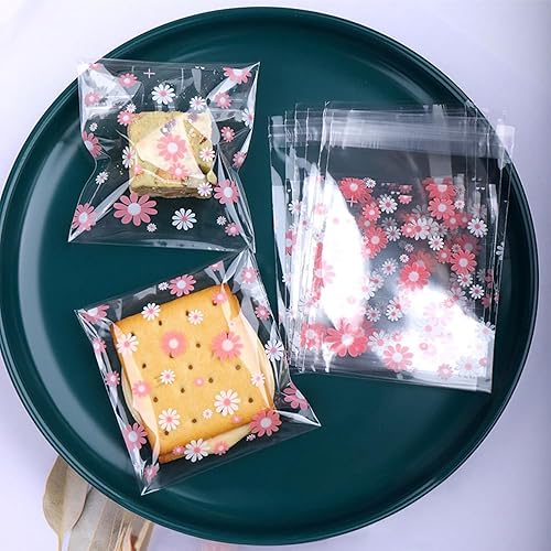 Miniatura 8 de 100 bolsas de galletas de margaritas blancas y rosadas, bolsas de dulces autosellantes para golosinas, galletas, postres, bonitas bolsas de celofán