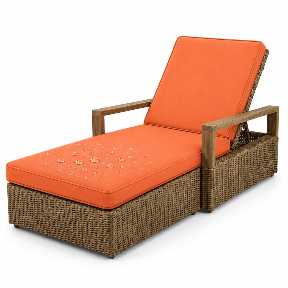 Coussin Bain De Soleil: Matelas Transat Extérieur Imperméable, Coussin Chaise Longue Confort Ferme Mousse 50D avec 6 Sangles, Coussin Chaise Extérieur Déhoussable,Orange,188x58x8cm