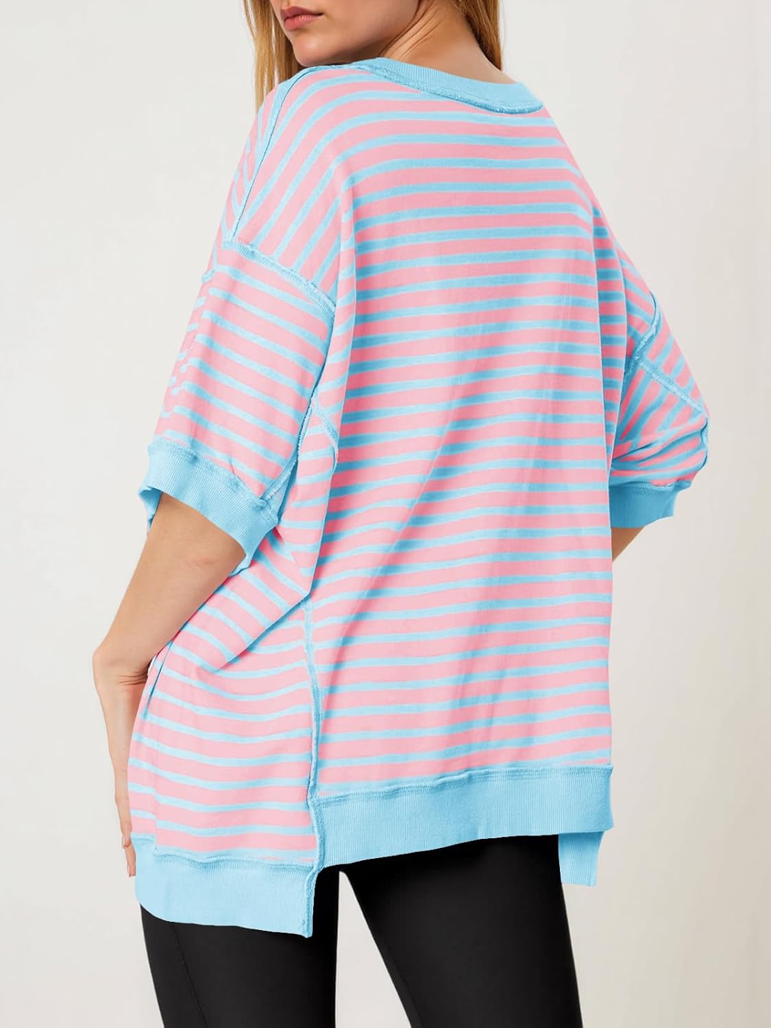 Tankaneo Womens Oversized T Shirts Striped Color Block Cotton Tops Summer Casual Half Sleeve Loose Fit Crewneck Sweatshirts - Image 5