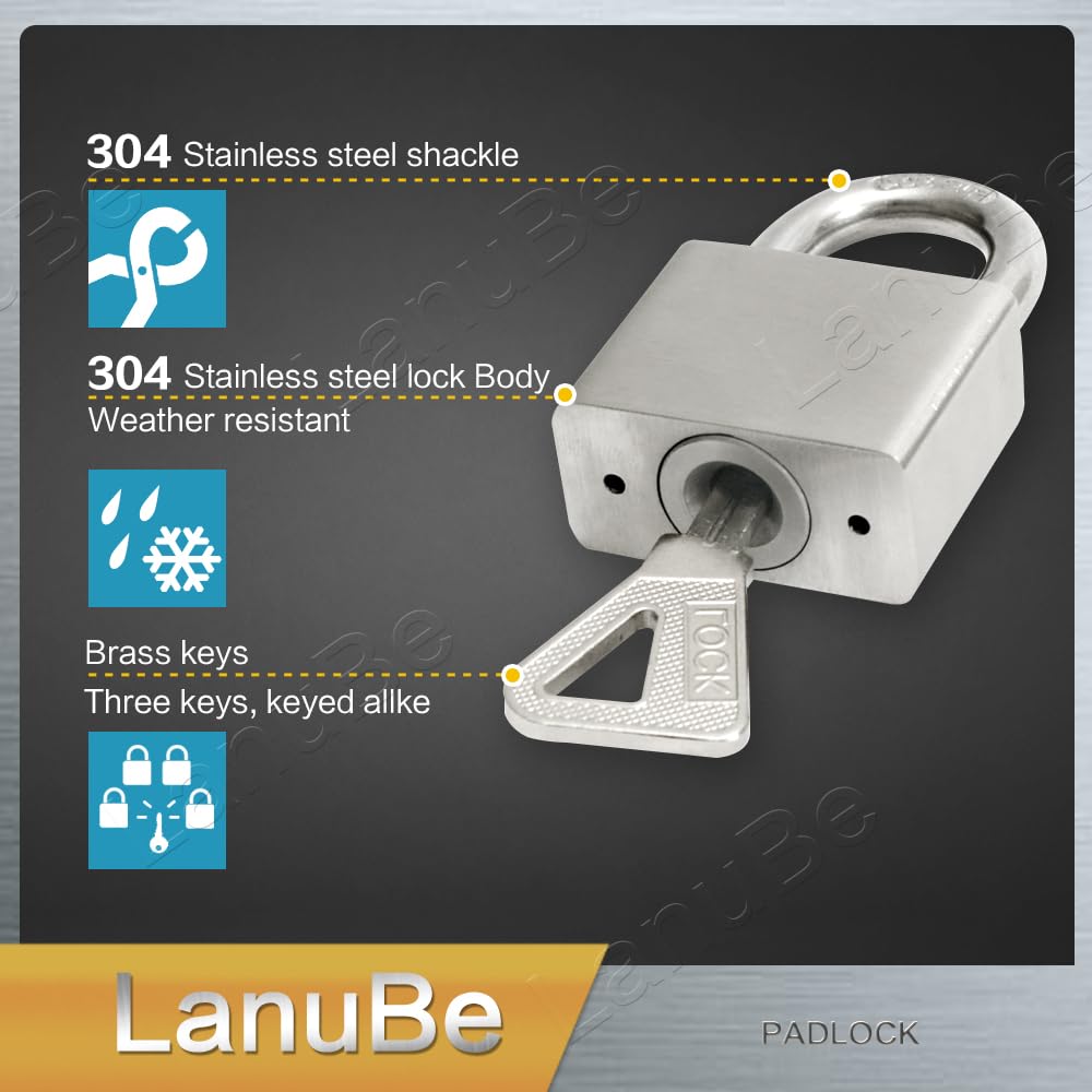 LanuBe - Candado de acero inoxidable 304 con llaves idénticas para uso en exteriores, cuerpo de 4,5 cm de ancho, cuerpo de acero inoxidable, asa normal