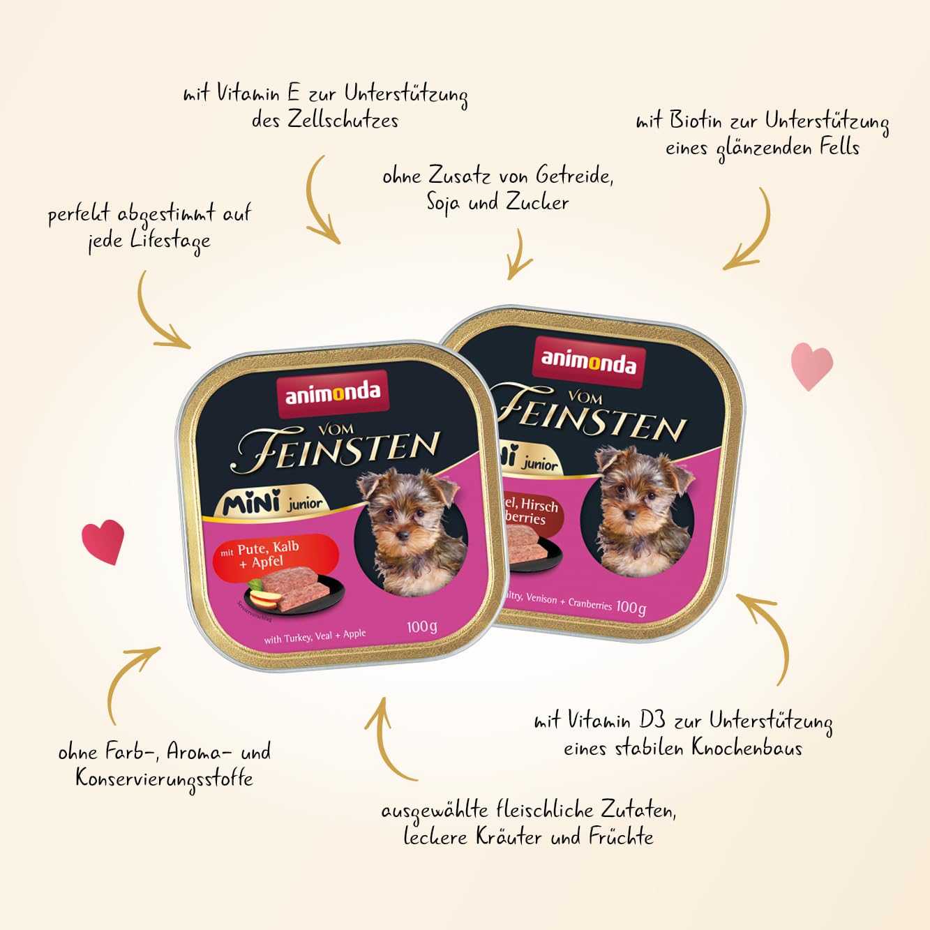 animonda Vom Feinsten Mini Junior Hundefutter nass mit Pute, Kalb und Apfel (32 x 100 g), getreidefreies Welpenfutter ohne Zucker und Soja für kleine Hunderassen