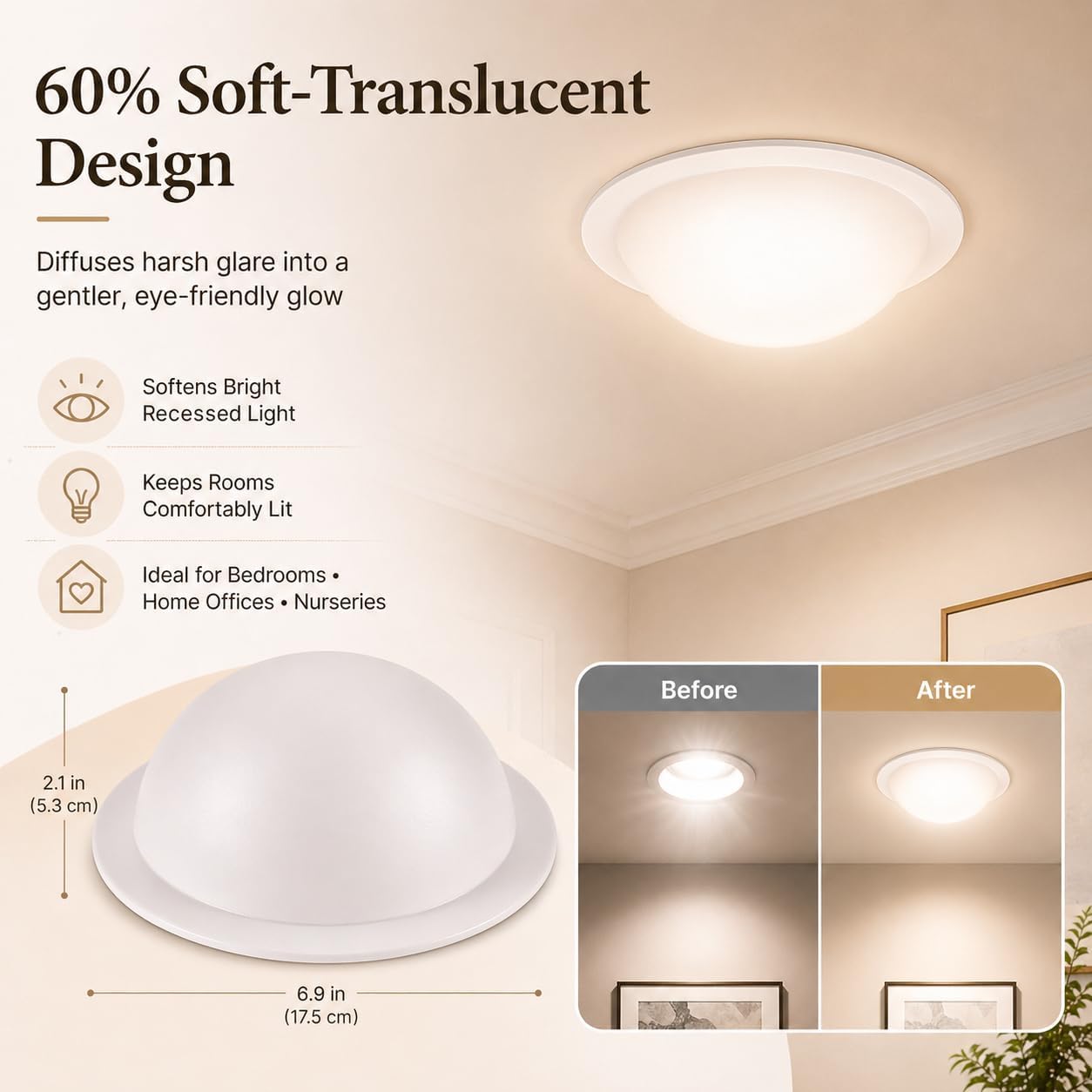 2 Pack Recessed Light Cover, 6 Inch Can Light Covers 50% Translucent Fully Shade Hemisphere Stick-On with Super Strong Double-Sided Tape, Anti-Yellow Cream White, Easy Install (2, 6 INCH)