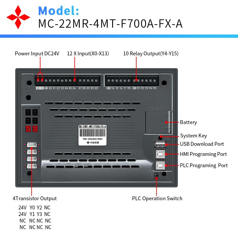 7 Inch PLC HMI All in One Integrated Programmable Logic Controller, 12 Input 10 Relay Output, 2 High Speed Input & Output 100KHz (22MR-F700-FX-A)