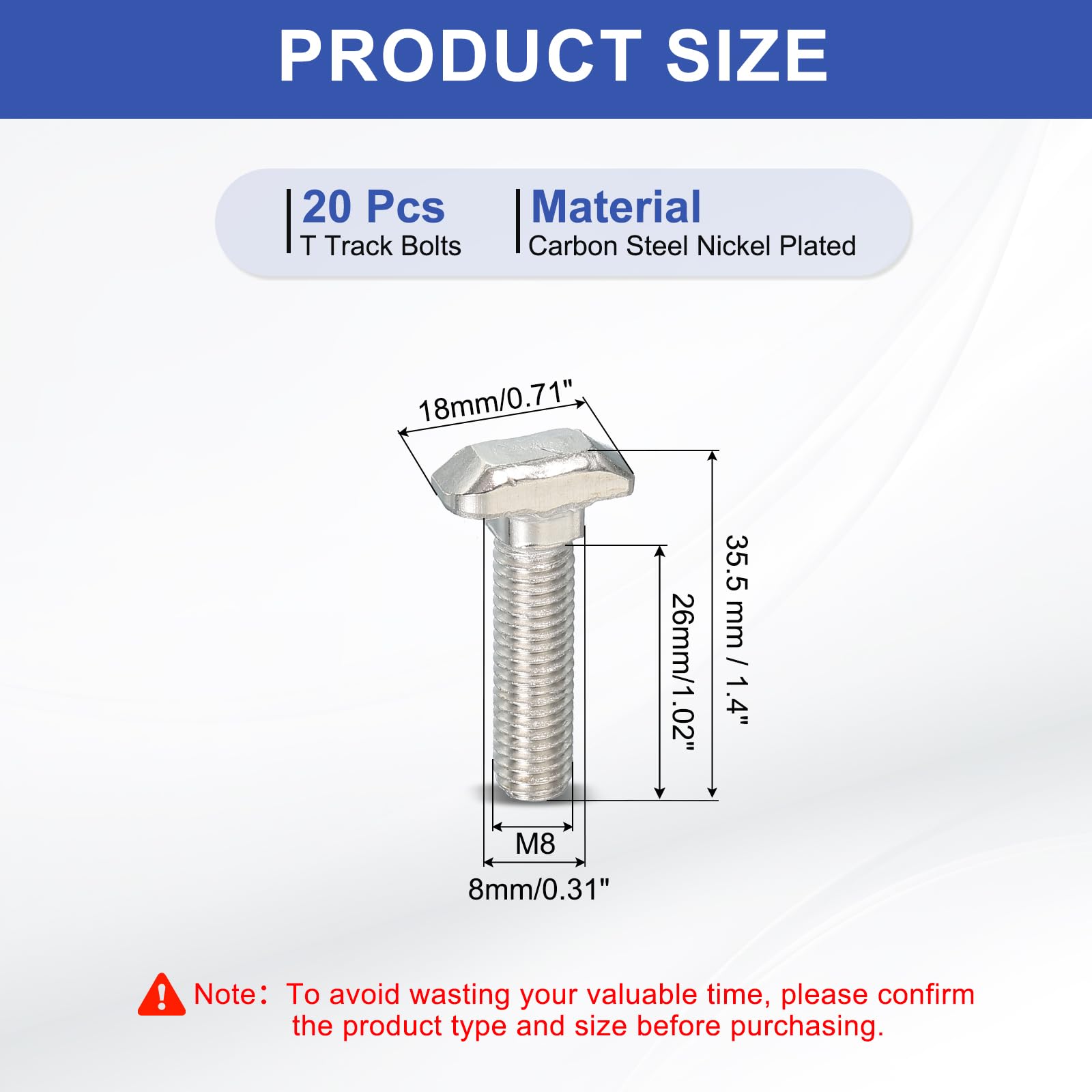 PATIKIL Tornillos de Ranura en T M8 x 28 mm, 20 Piezas de Perno de Martillo de Cabeza en T Estándar de 8 mm para Perfil de Extrusión de Aluminio de La Serie 40, Color Plata