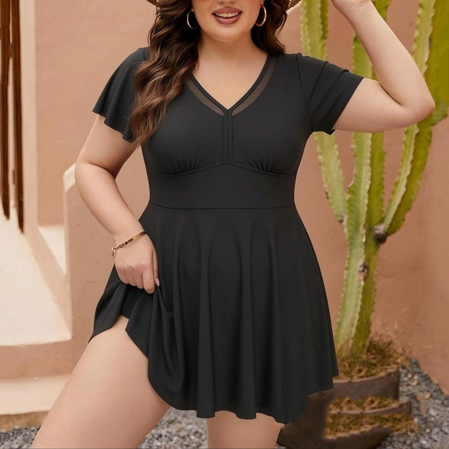 YRAETENM Plus Size Swimsuit for Women Mesh Swim Dress Two Piece Tankini Bathing Suits Full Coverage Tummy Control Swimsuits