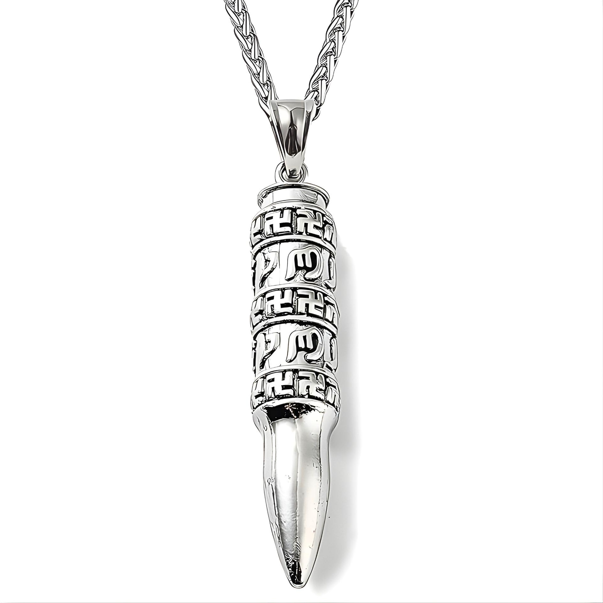 Antique Silver Finish 'Tharpa Relics' Tibetan Engraving Bullet Hip-Hop Pendant Necklace With Chain For Men | Rugged Macho Style Bold Biker Statement Jewellery For Daily, Club, Party Use & Gifting (NK1522) 1Pc-image-43