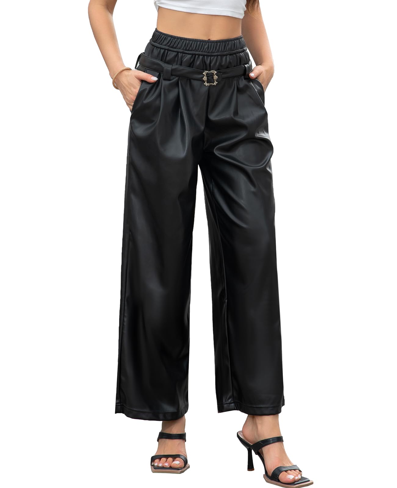RAMISU Womens Faux Leather Pants Straight Wide Leg PU Trousers Decor with Belted Pleather Pant with Pockets