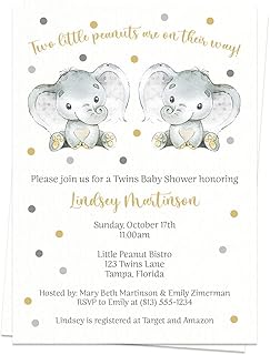 Elephant Twins Baby Shower Invitations Watercolor Invites Twin Little Peanut Unisex Boy Girl Surprise Polka Dots Sprinkle Customize Personalize Printed Cards (12 Count)