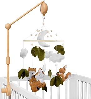 FEISIKE Woodland Animals Crib Mobile with Music Box & 34" Beech Wood Arm - 3-in-1 Bassinet Nursery Decor Hanger