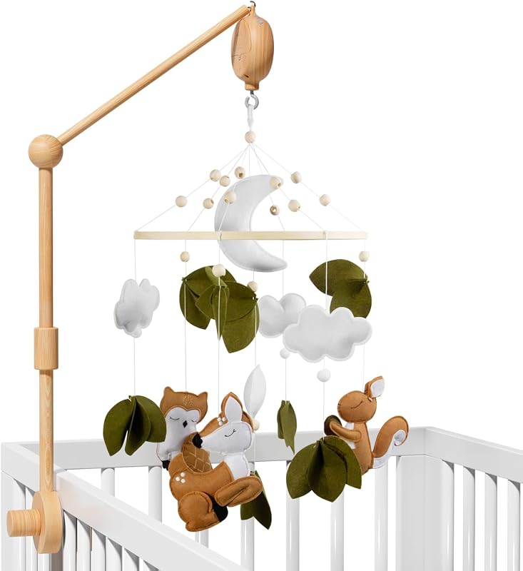 Woodland Animals Theme Bassinet Baby Nursery Mobiles with Modes Digital Music Box 3In1 Set-34 Inch Wooden Mobile Arm for Crib Mobile Hanger for Crib Baby Nursery Decor