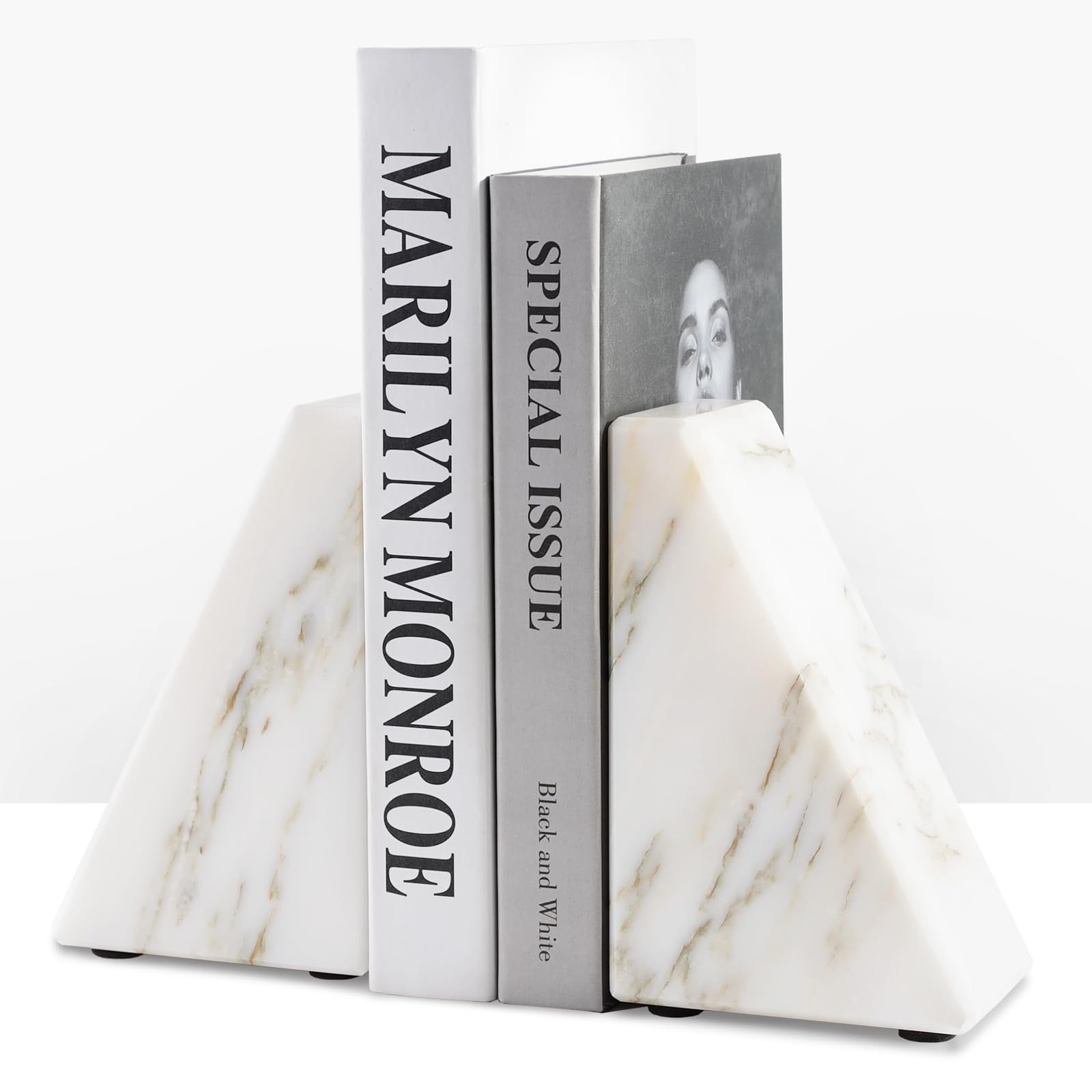 Calacatta Marble Bookends Set Of 2 - Heavy Duty Natural Stone Book Stoppers For Shelves, White With Non-Slip Pads - View #11