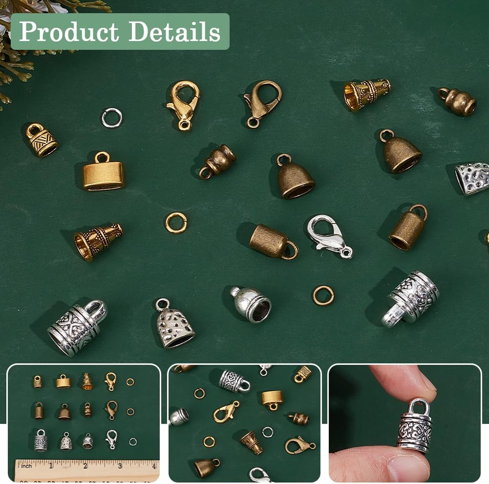 SUNNYCLUE 1 Box 210pcs Leather End Caps Kumihimo Bead Caps Vintage Antique Golden Silver Tube Barrel Rope Tassel Cord Ends Terminal Kits Lobster Clasp Open Rings for Jewelry Making Kit Women Bracelet